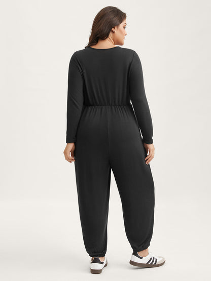 Elastic Waist Overlap Collar Lounge Jumpsuit