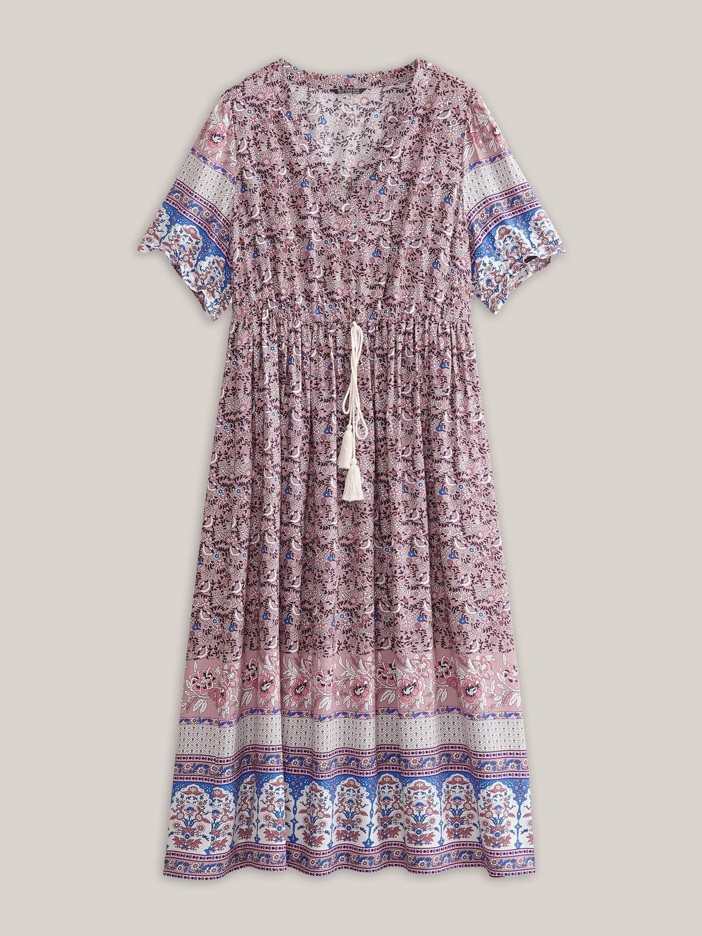 Boho Print Notched Ties Tassel Trim Dress