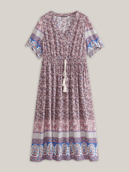 Boho Print Notched Ties Tassel Trim Dress