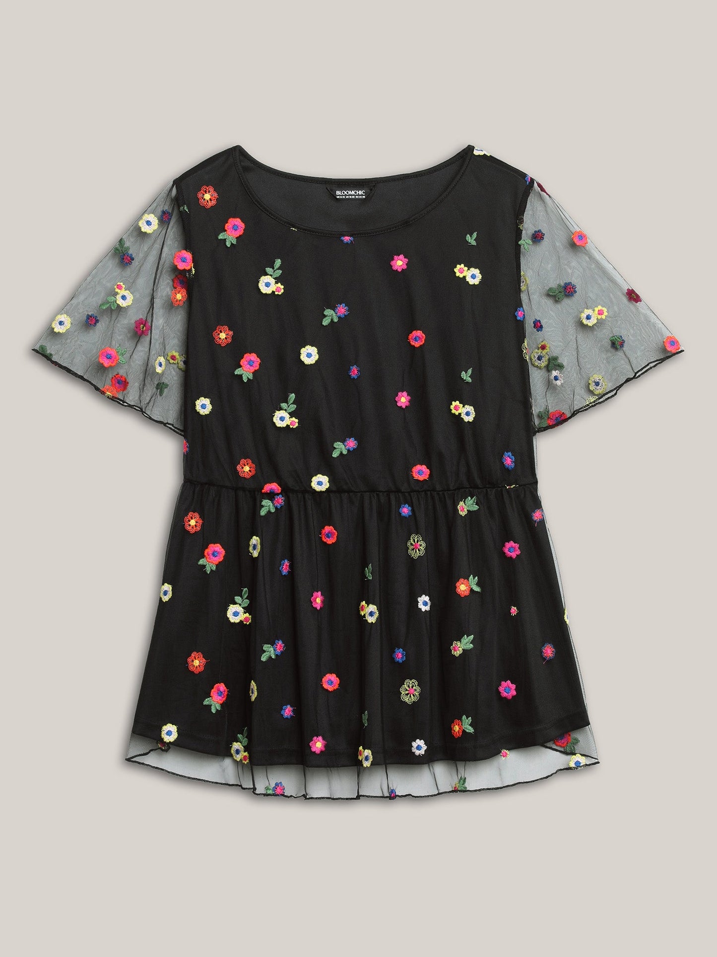 Floral Mesh Embroidery Babydoll Blouse