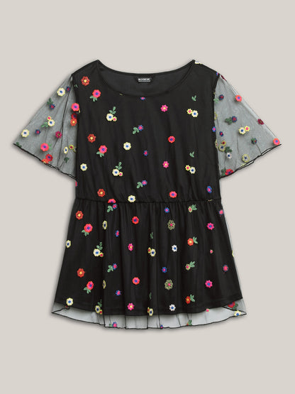 Floral Mesh Embroidery Babydoll Blouse