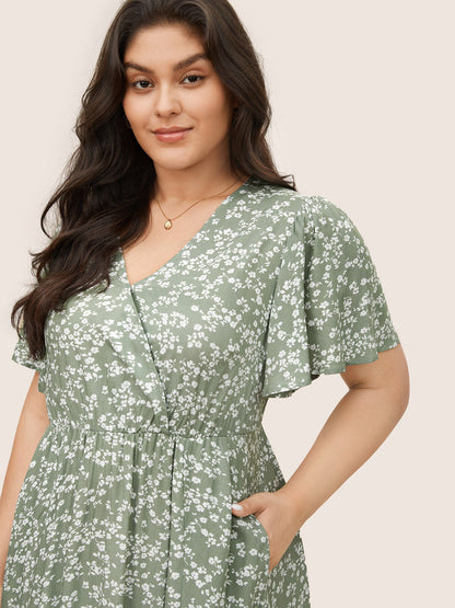 Bloom Dress - Flutter Sleeve Ditsy Floral Pocket Split Maxi Dress