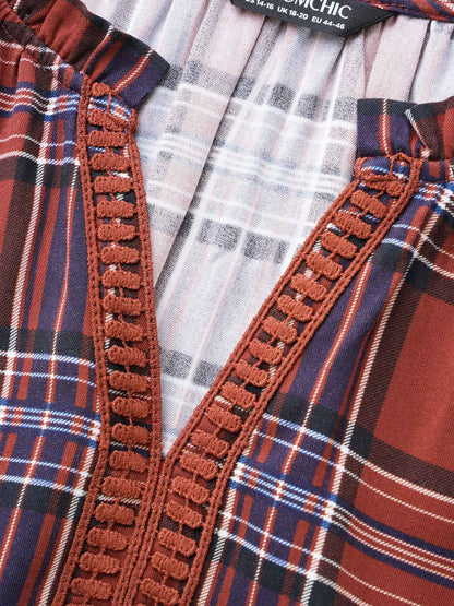 Plaid Contrast Webbing Ruffle Trim Blouse