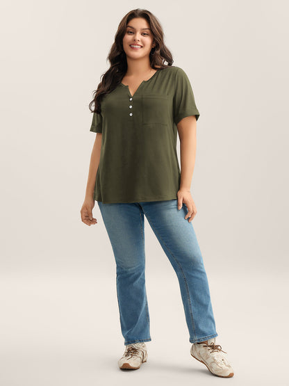 Solid Split Neck Button Detail T-Shirt