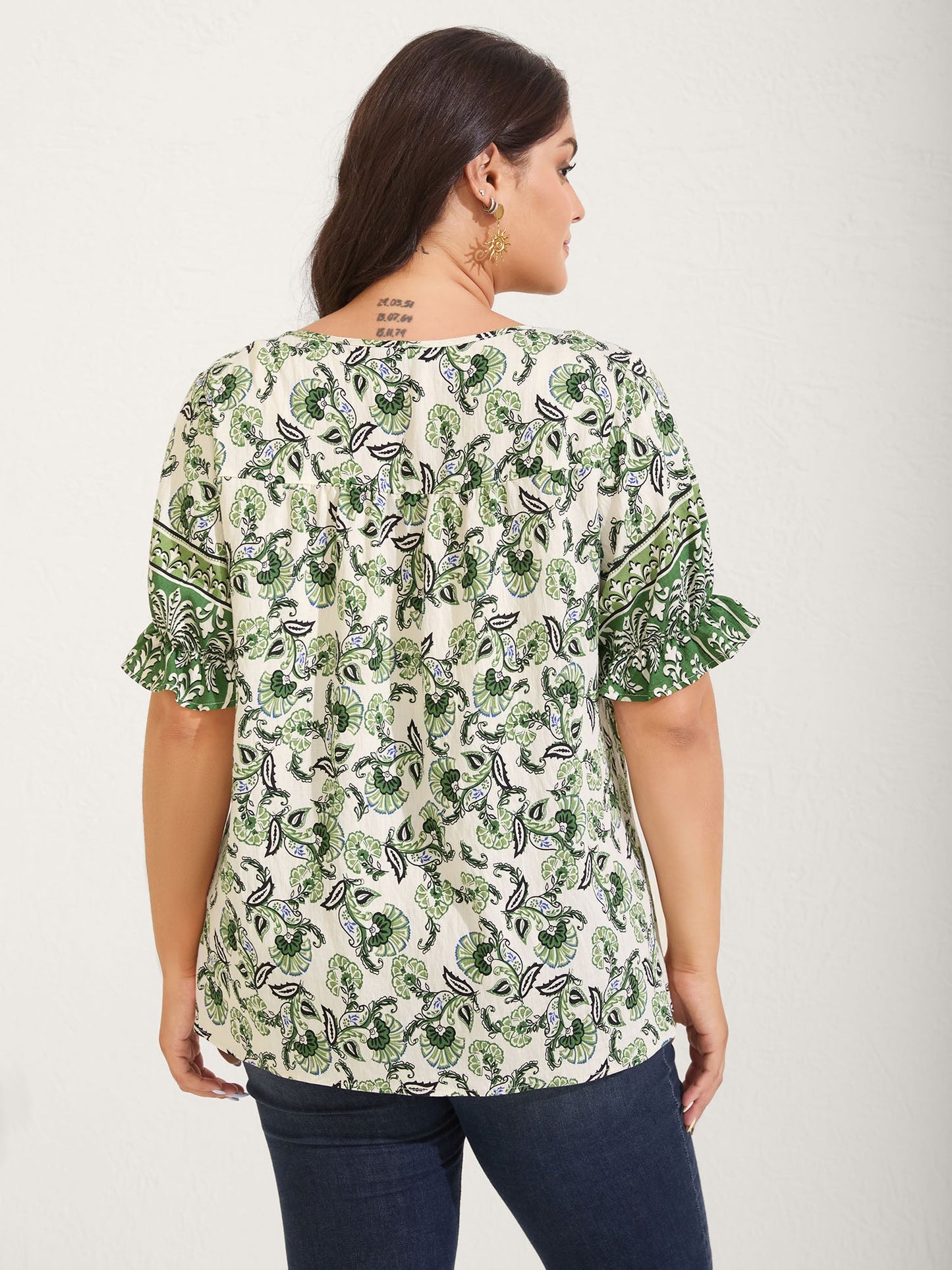 Boho Floral Print Neck Tassels Blouse