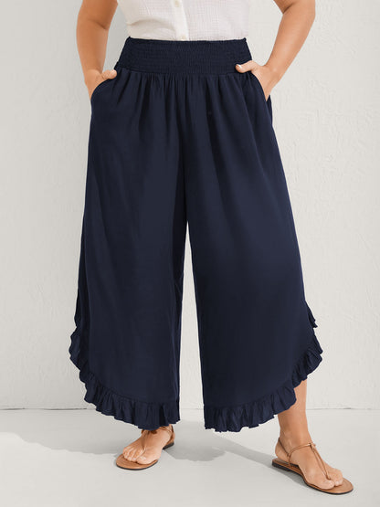 Ruffled Curvy Hem Wide-Leg Pants