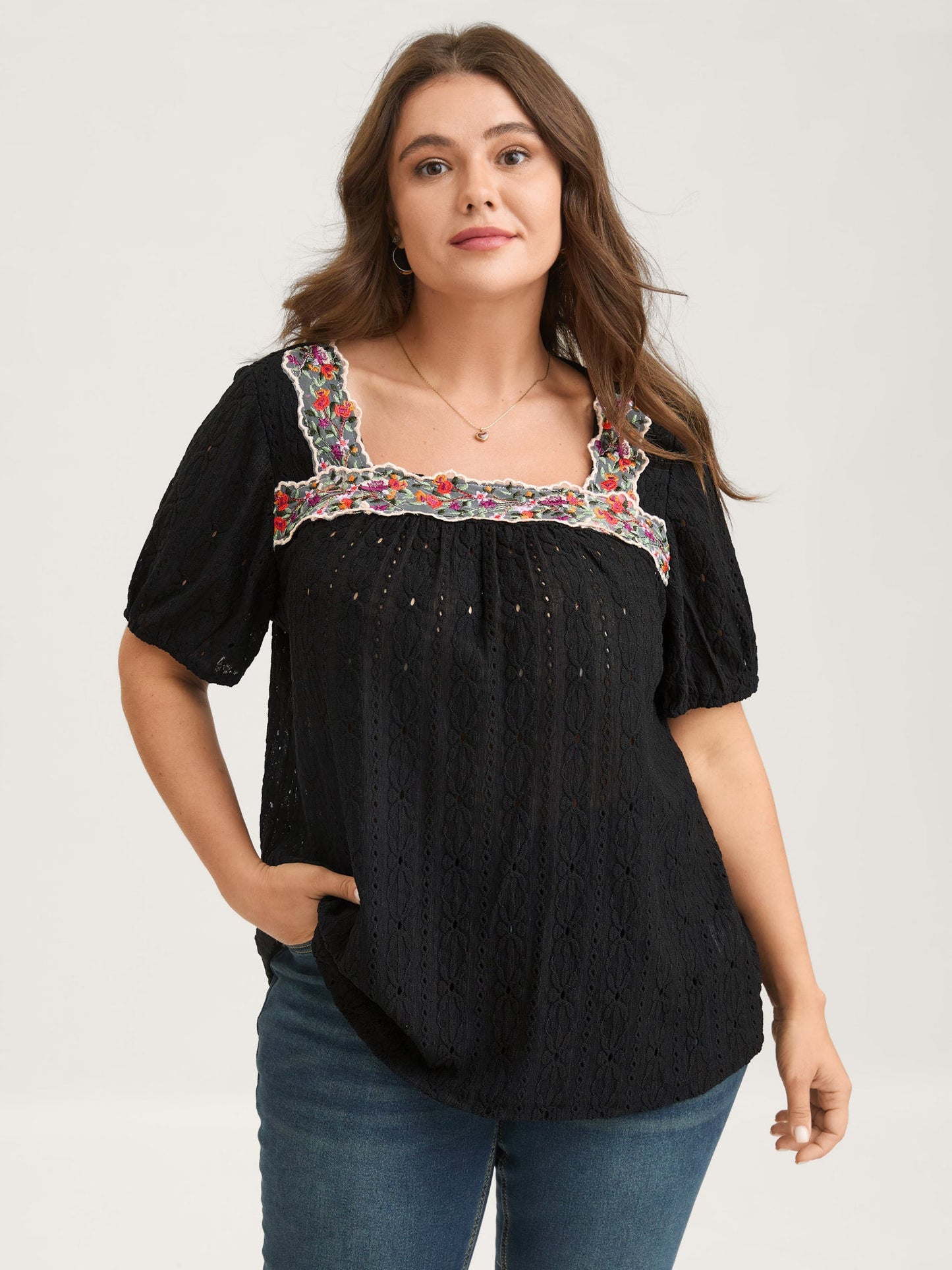 Eyelet Trim Floral Embroidered Solid T-Shirt