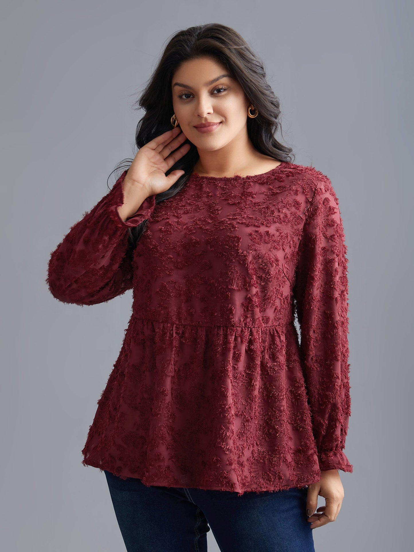 Round Neck Jacquard Plisse Ruched Blouse