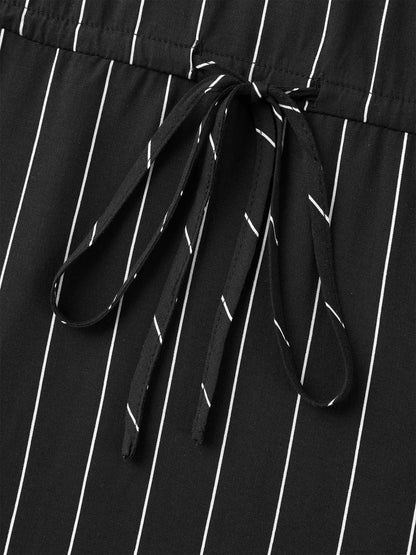 Striped Waist-Tie Pockets Blouse