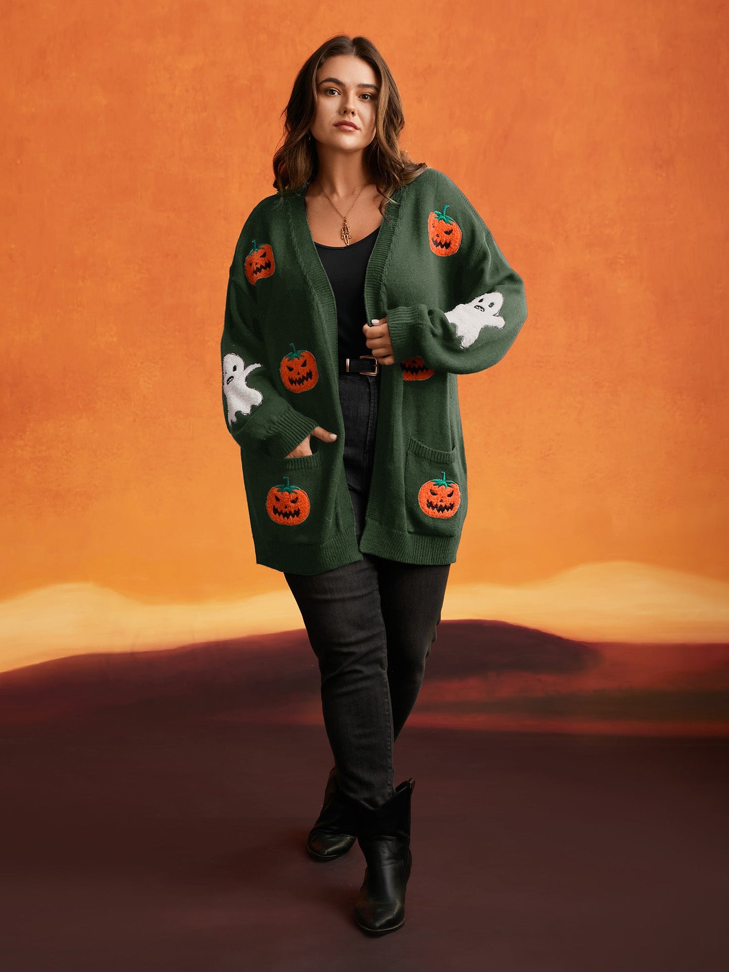 Pumpkin Ghost Embroidery Open Cardigan