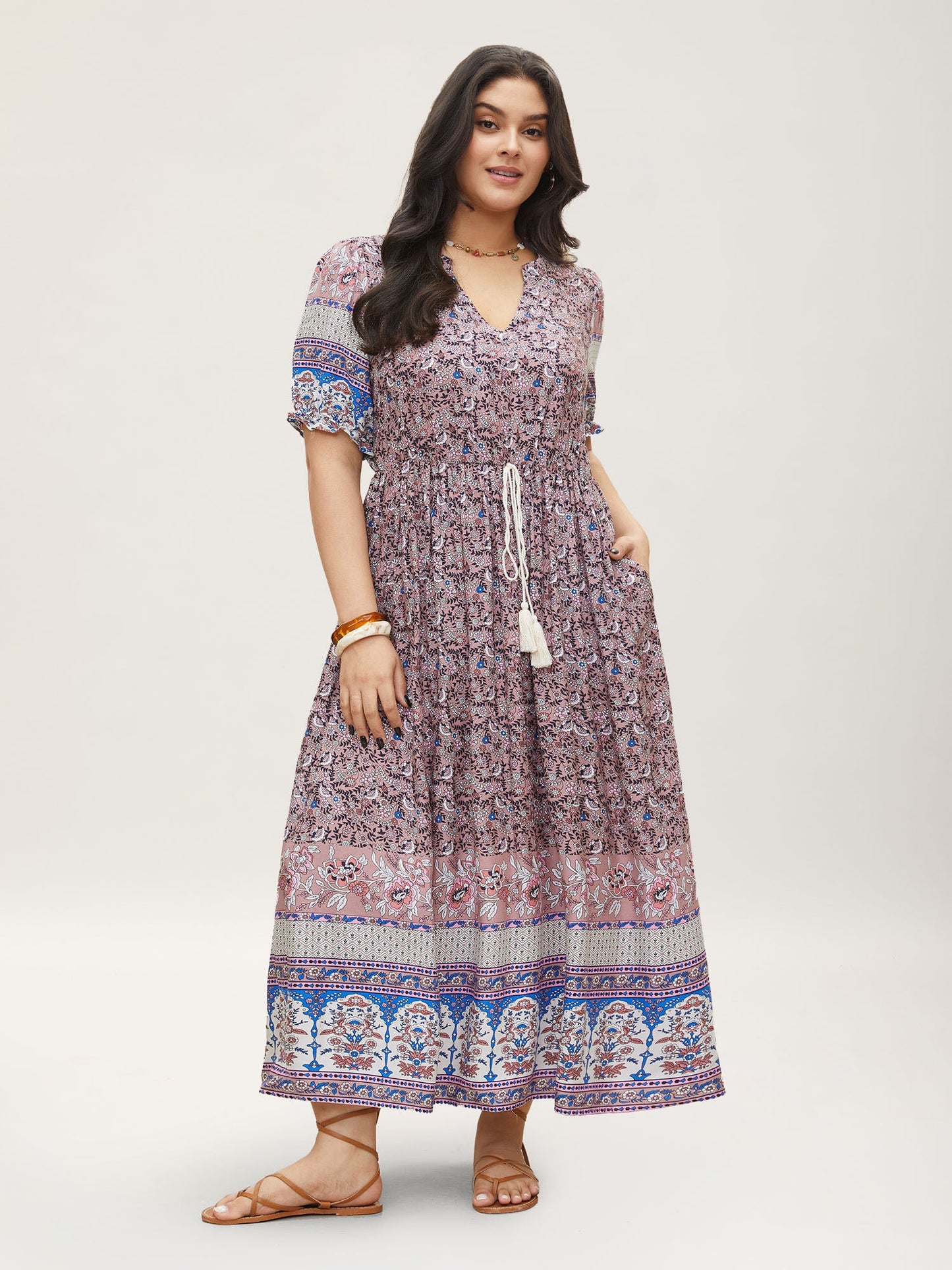 Boho Print Notched Ties Tassel Trim Dress