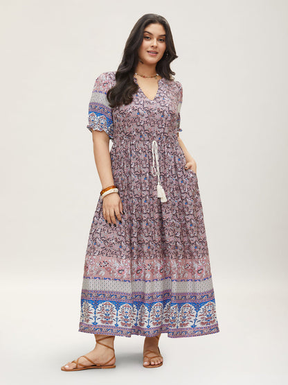 Boho Print Notched Ties Tassel Trim Dress