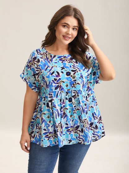 Fruit Print Curved Hem Batwing Sleeve Blouse