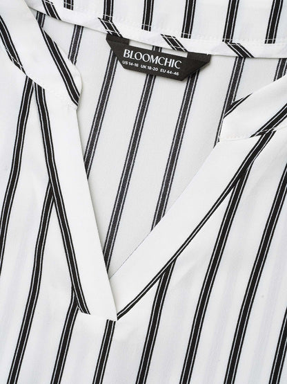 Notched Collar Striped Tab Sleeve Shirt