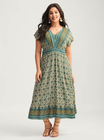 Rayon Floral Boho Print Pockets Midi Dress