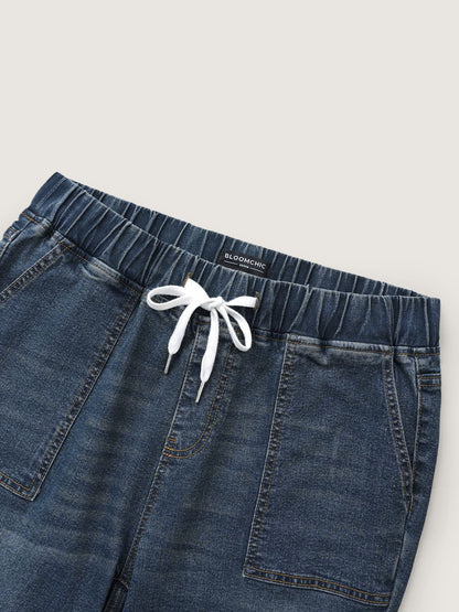 Drawstring Elastic Waist Roll Hem Jeans