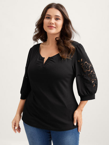 Cut-Out Embroidery Sleeve Solid T-Shirt