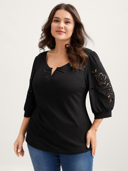 Cut-Out Embroidery Sleeve Solid T-Shirt