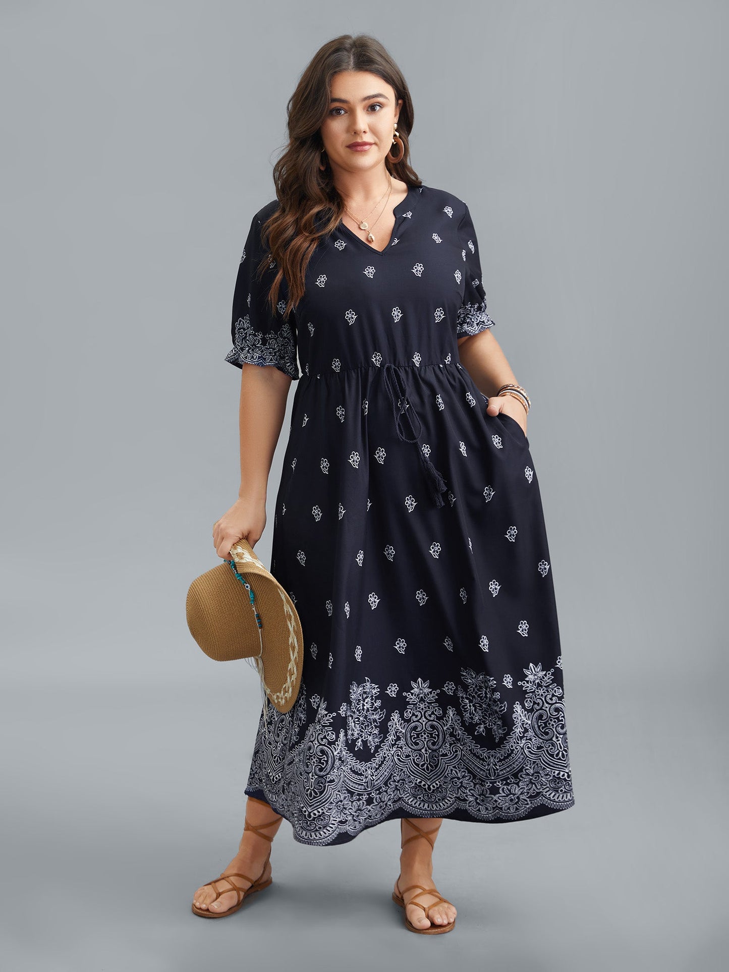 Floral Waist-Tie Notched Collar Midi Dress
