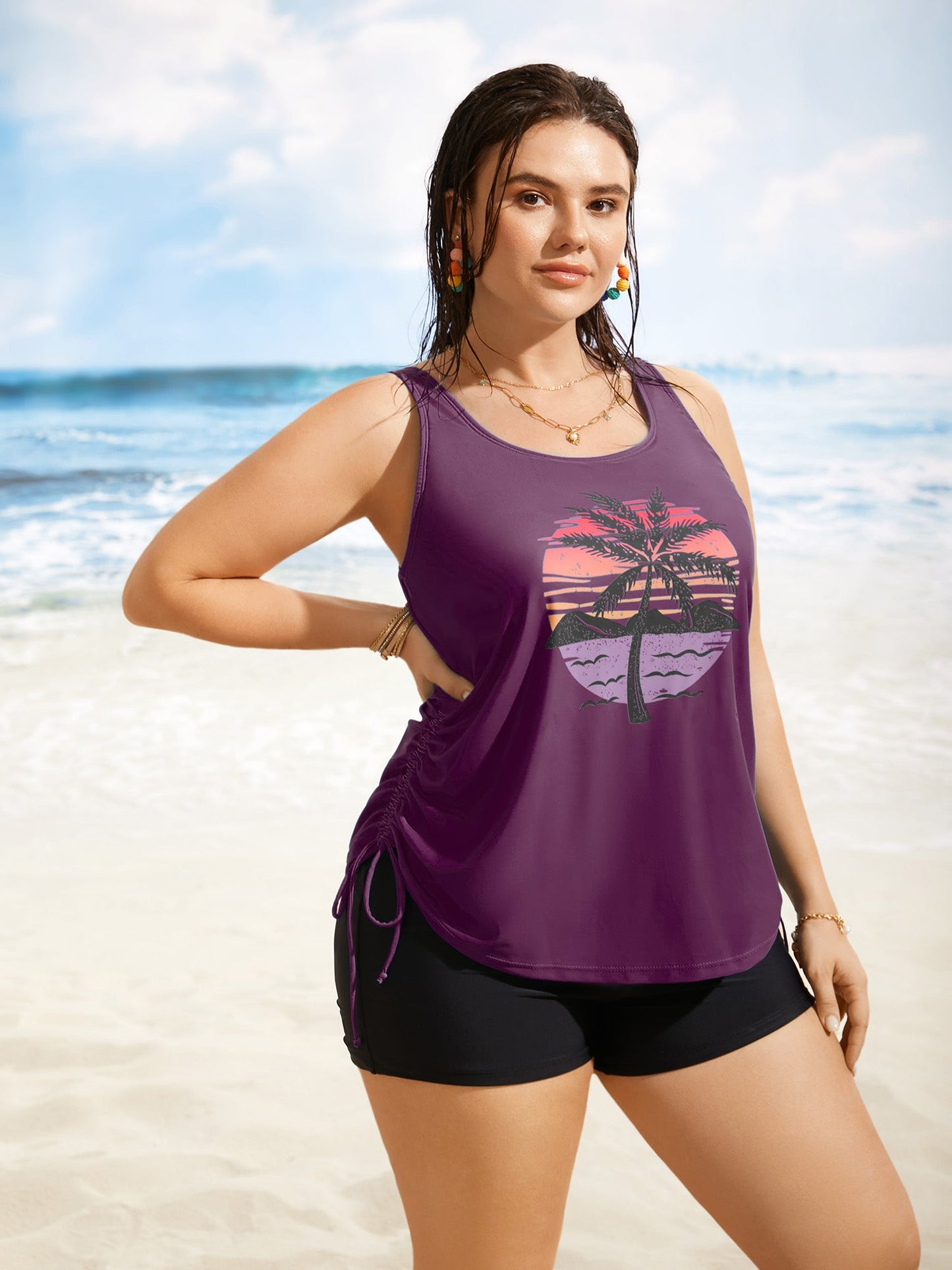 Island Print Drawstring Adjustable Swim Top