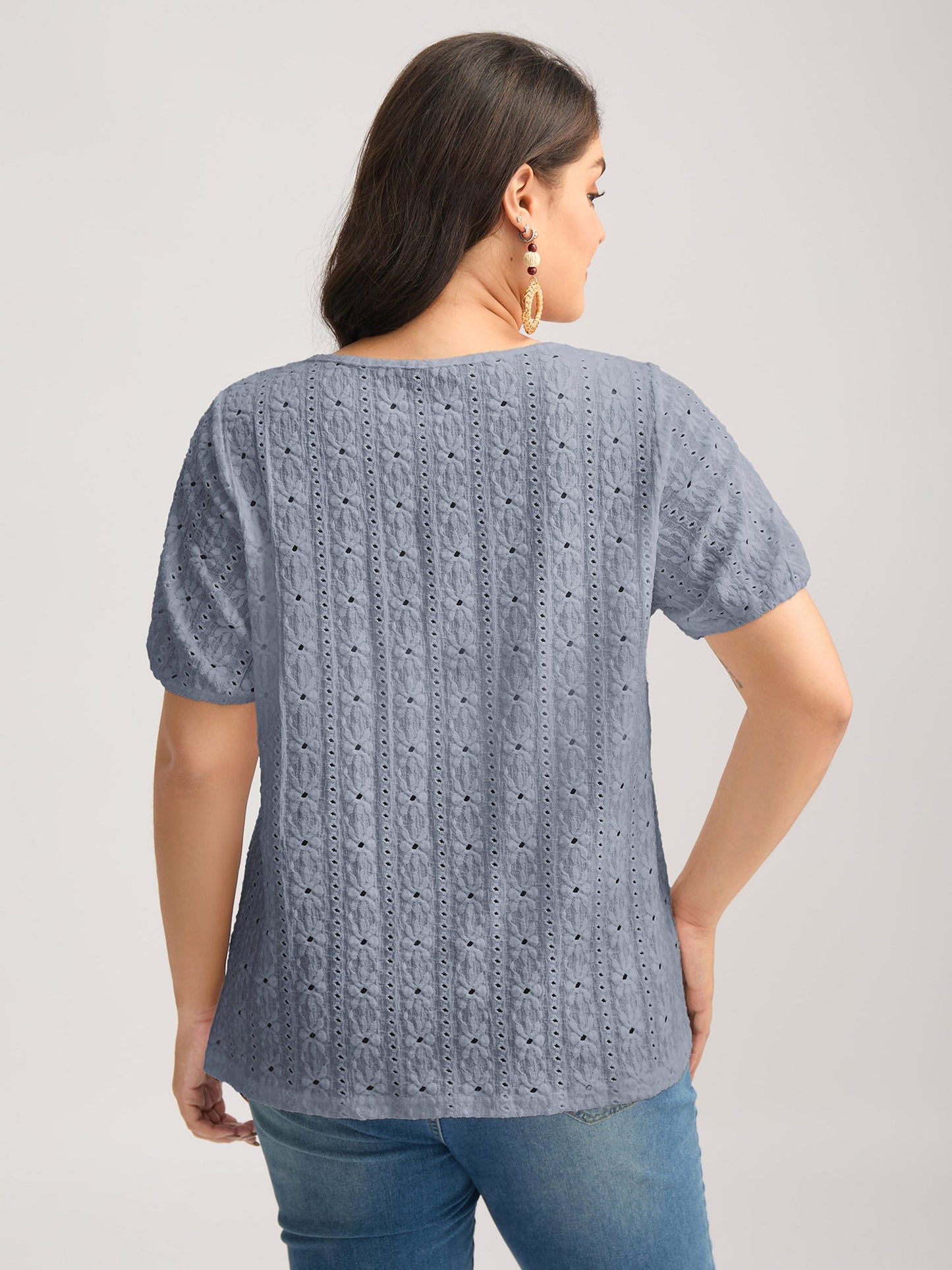 Eyelet Trim Floral Embroidered Solid T-Shirt