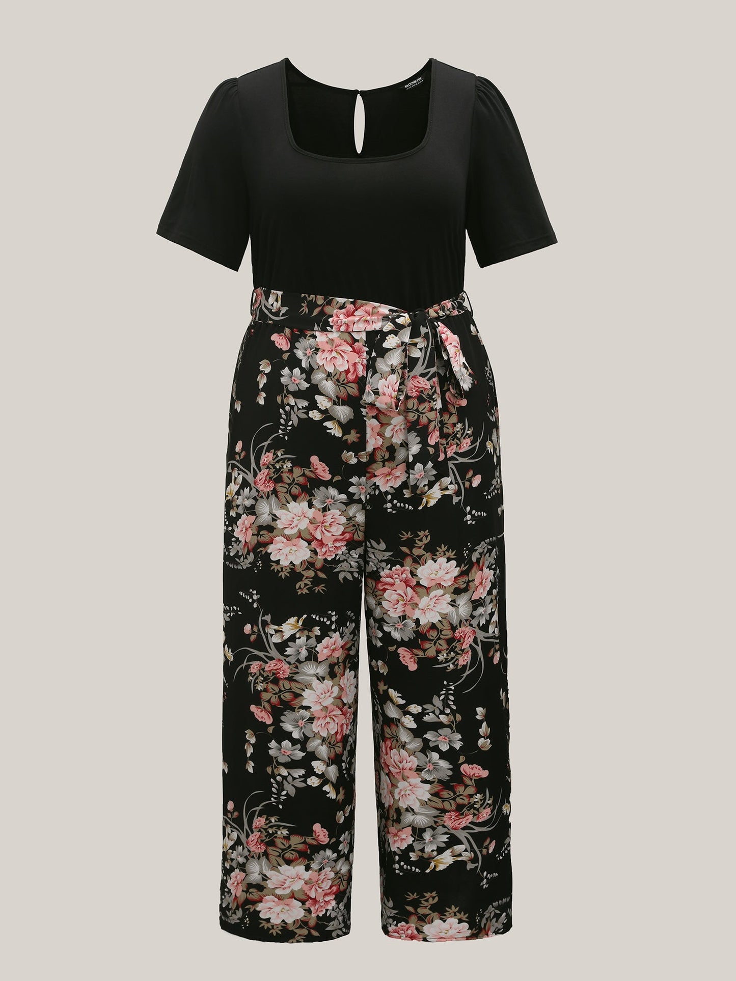 Color Contrast Belted Panel Pockets Jumpsuit
