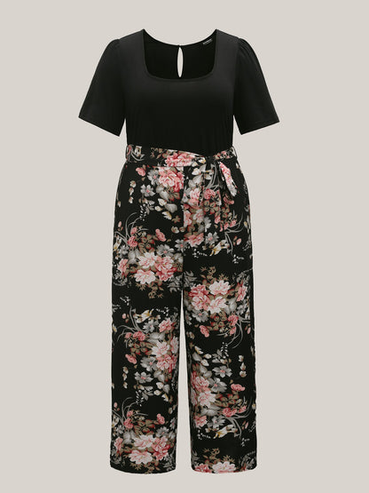 Color Contrast Belted Panel Pockets Jumpsuit