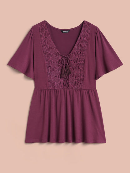 Lace-Up Tassels Patchwork Plain Top