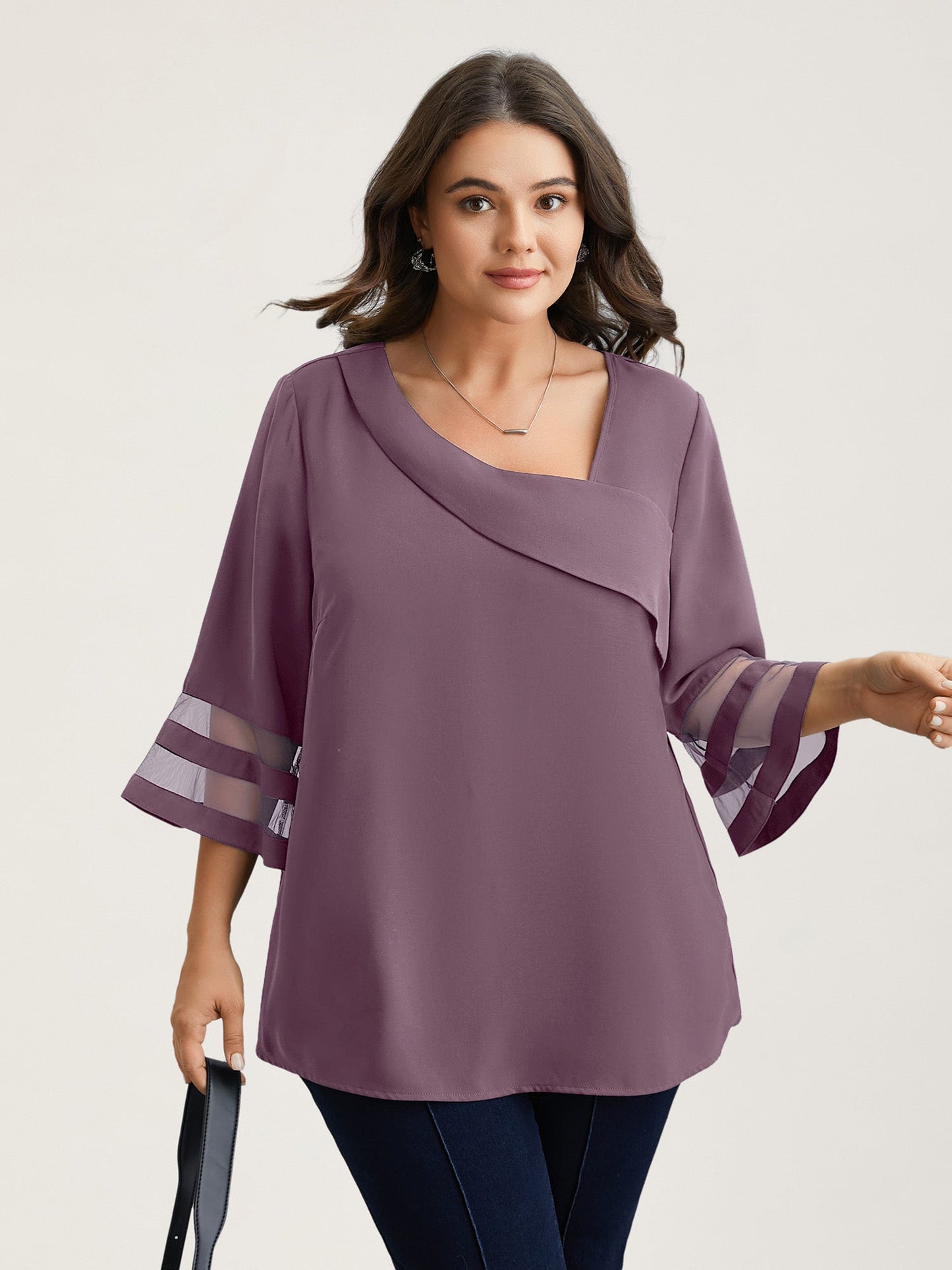 Sheer Sleeve Patchwork Asymmetrical Neckline Blouse