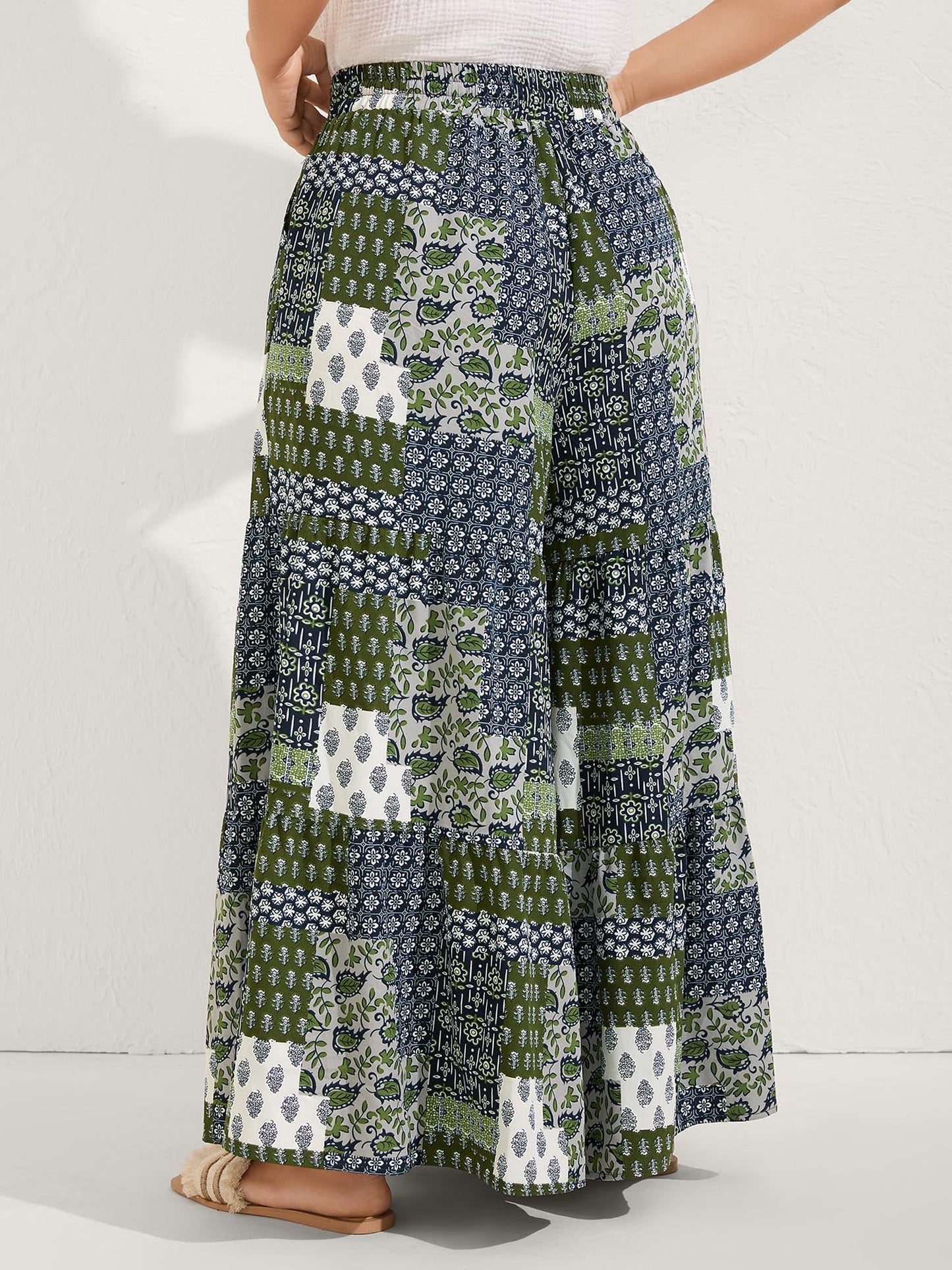 Floral Collage Drawstring Wide-Leg Pants