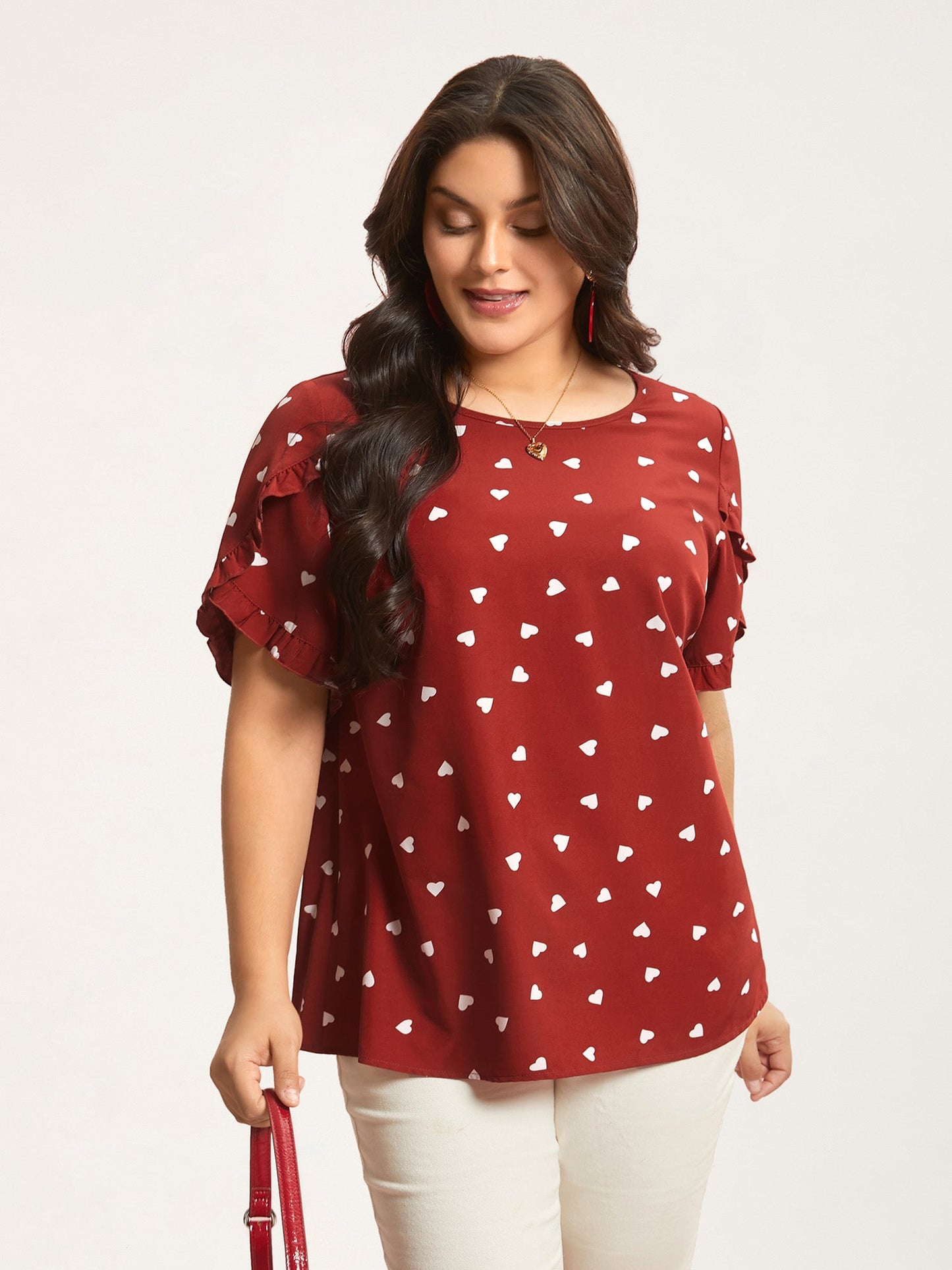 Ruffled Overlap Sleeve Heart Pattern Blouse