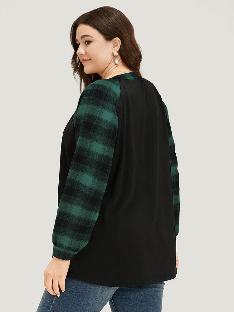 Plaid Patchwork Notched Button Detail Sweatshirt