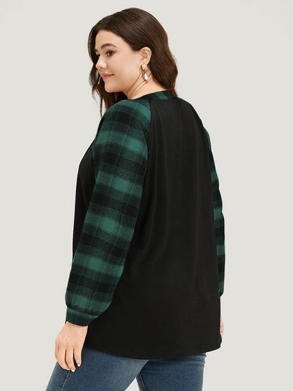 Plaid Patchwork Notched Button Detail Sweatshirt