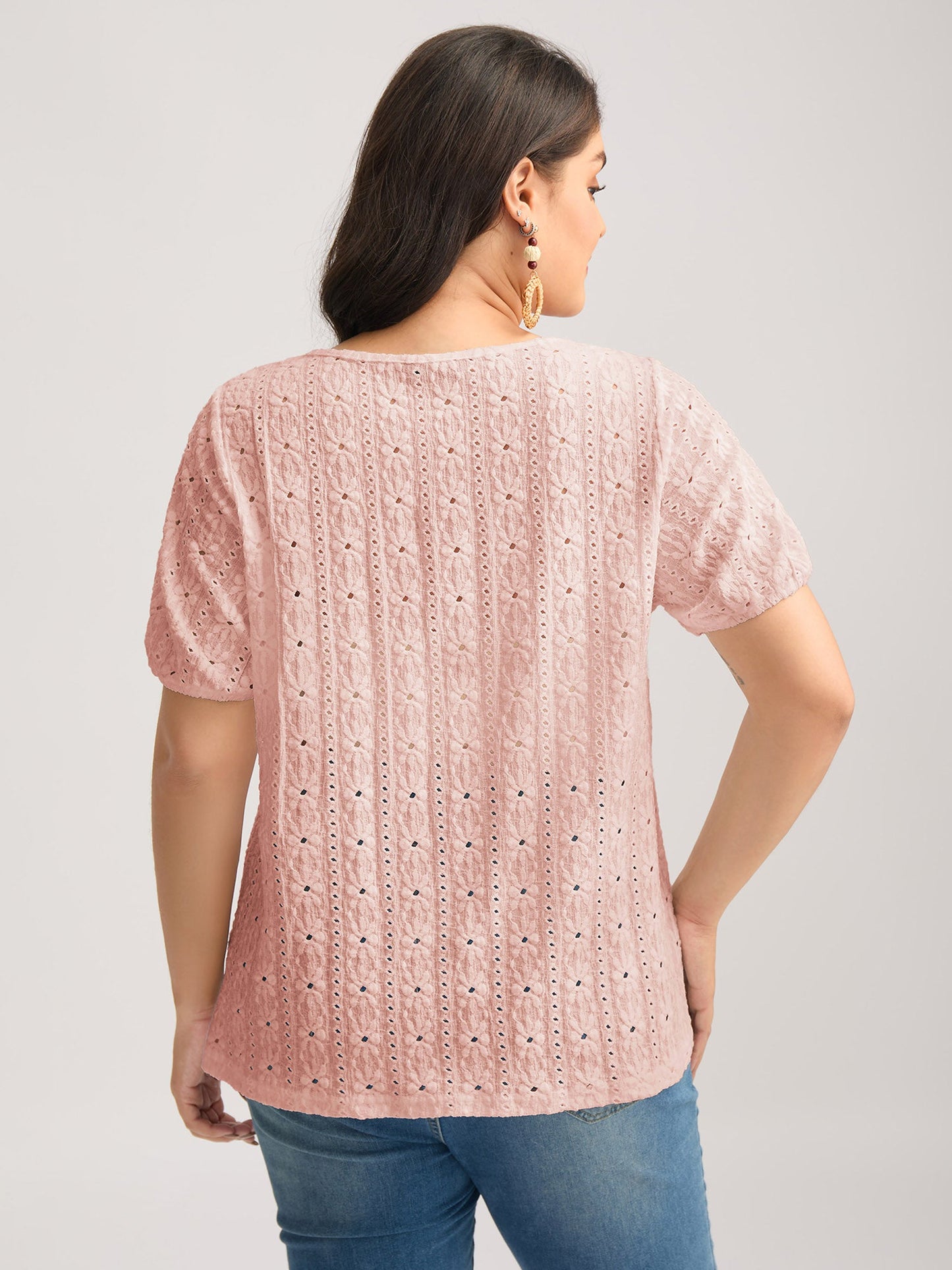 Eyelet Trim Floral Embroidered Solid T-Shirt