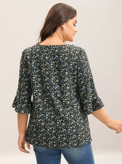 Ditsy Floral Print Frill Trim Blouse