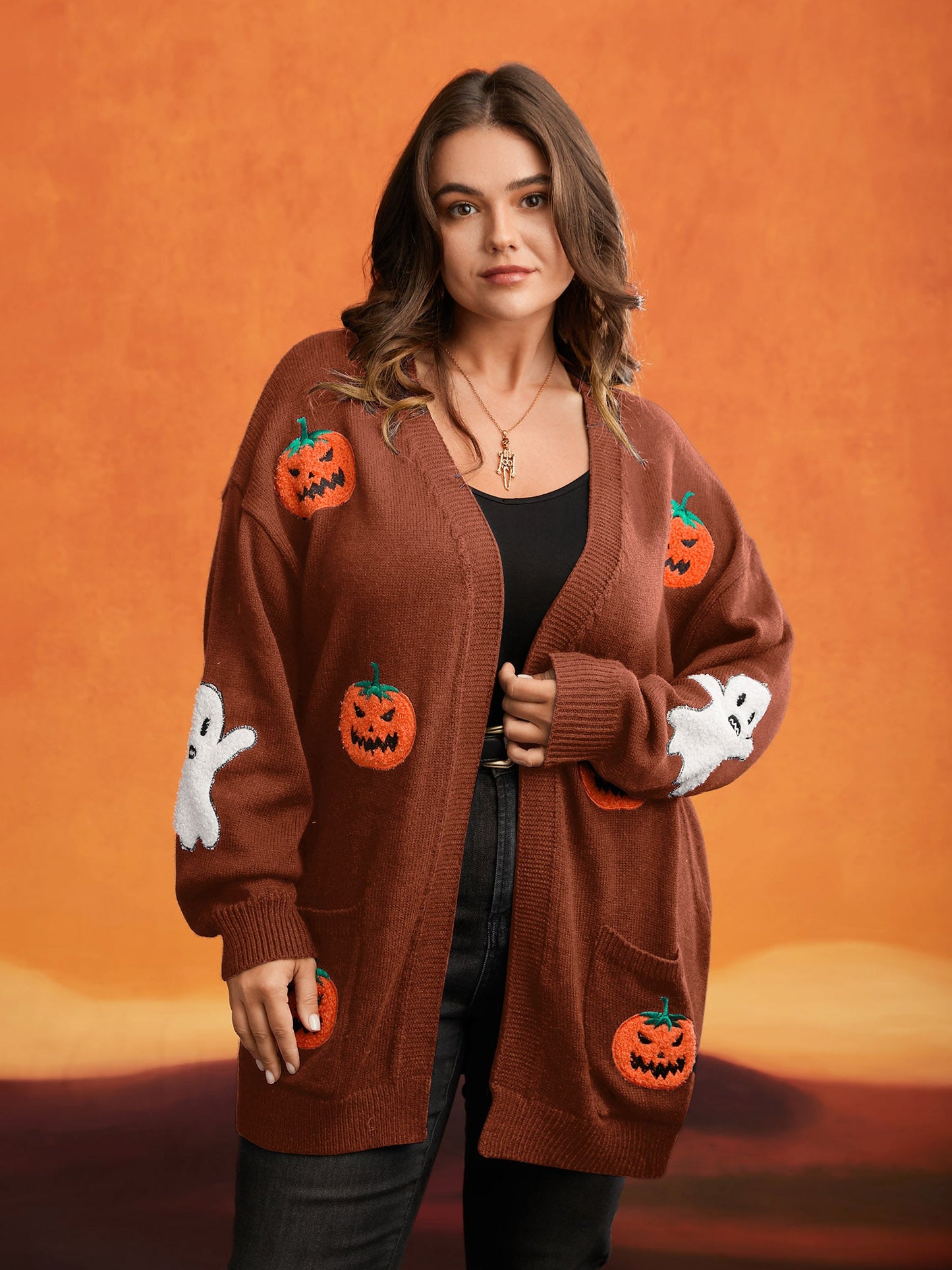 Pumpkin Ghost Embroidery Open Cardigan