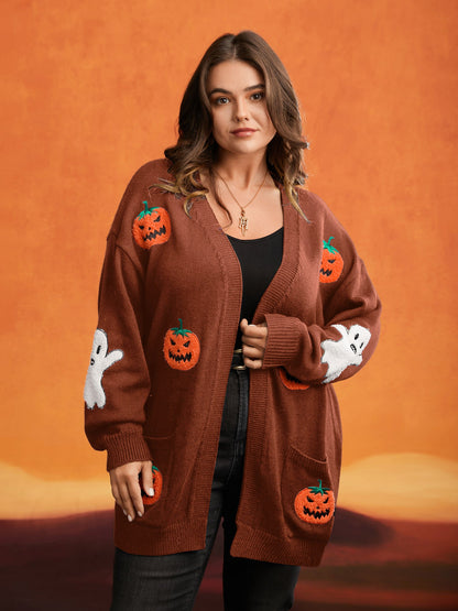 Pumpkin Ghost Embroidery Open Cardigan