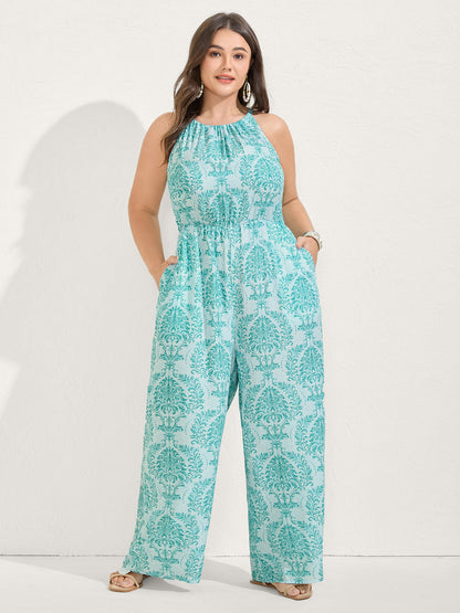 Rayon Damask Print Stretchy Waist Jumpsuit
