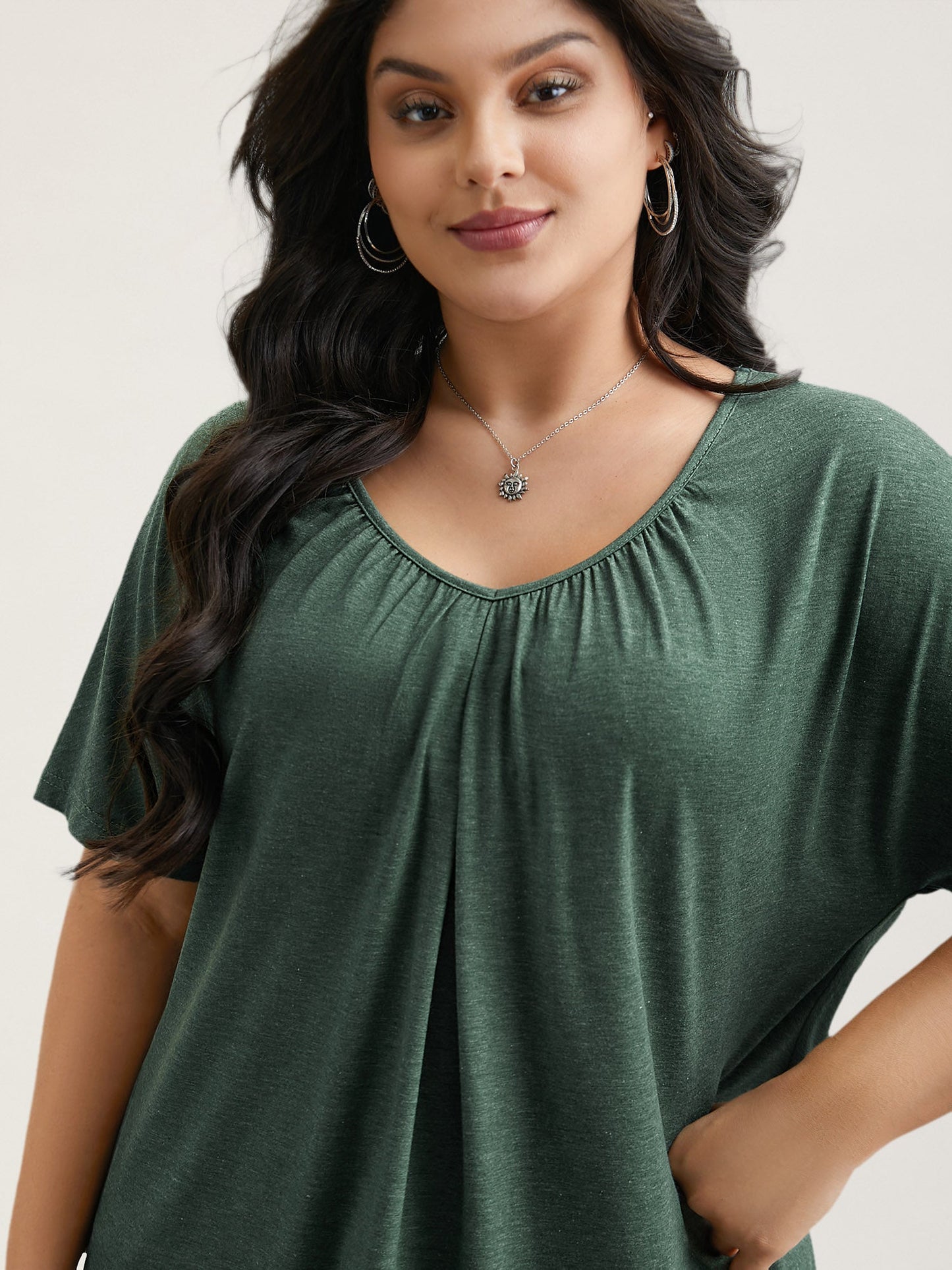 Pleated Plain Half-Sleeve Knit Top