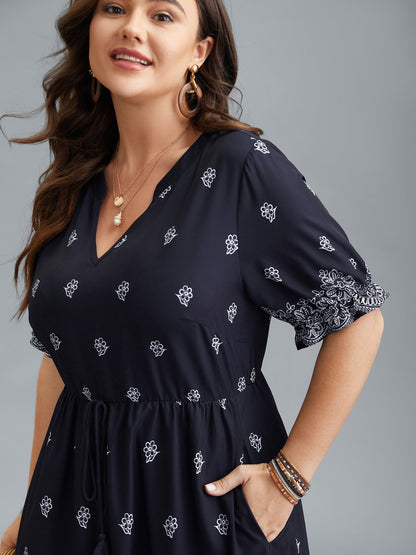 Floral Waist-Tie Notched Collar Midi Dress