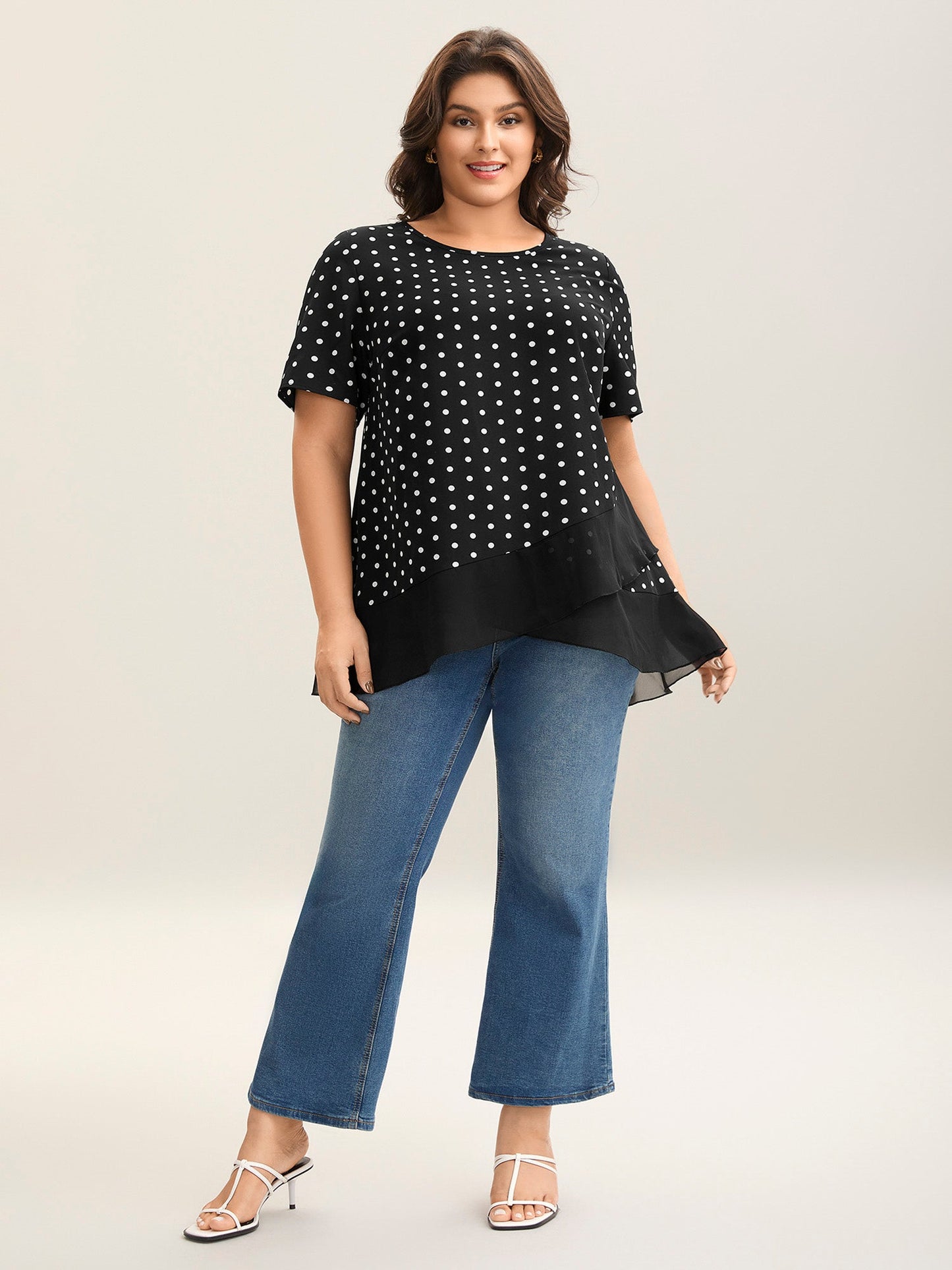 Polka Dots Spliced Ruffled Hem Shirt