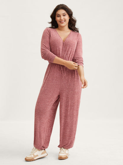 Elastic Waist Overlap Collar Lounge Jumpsuit