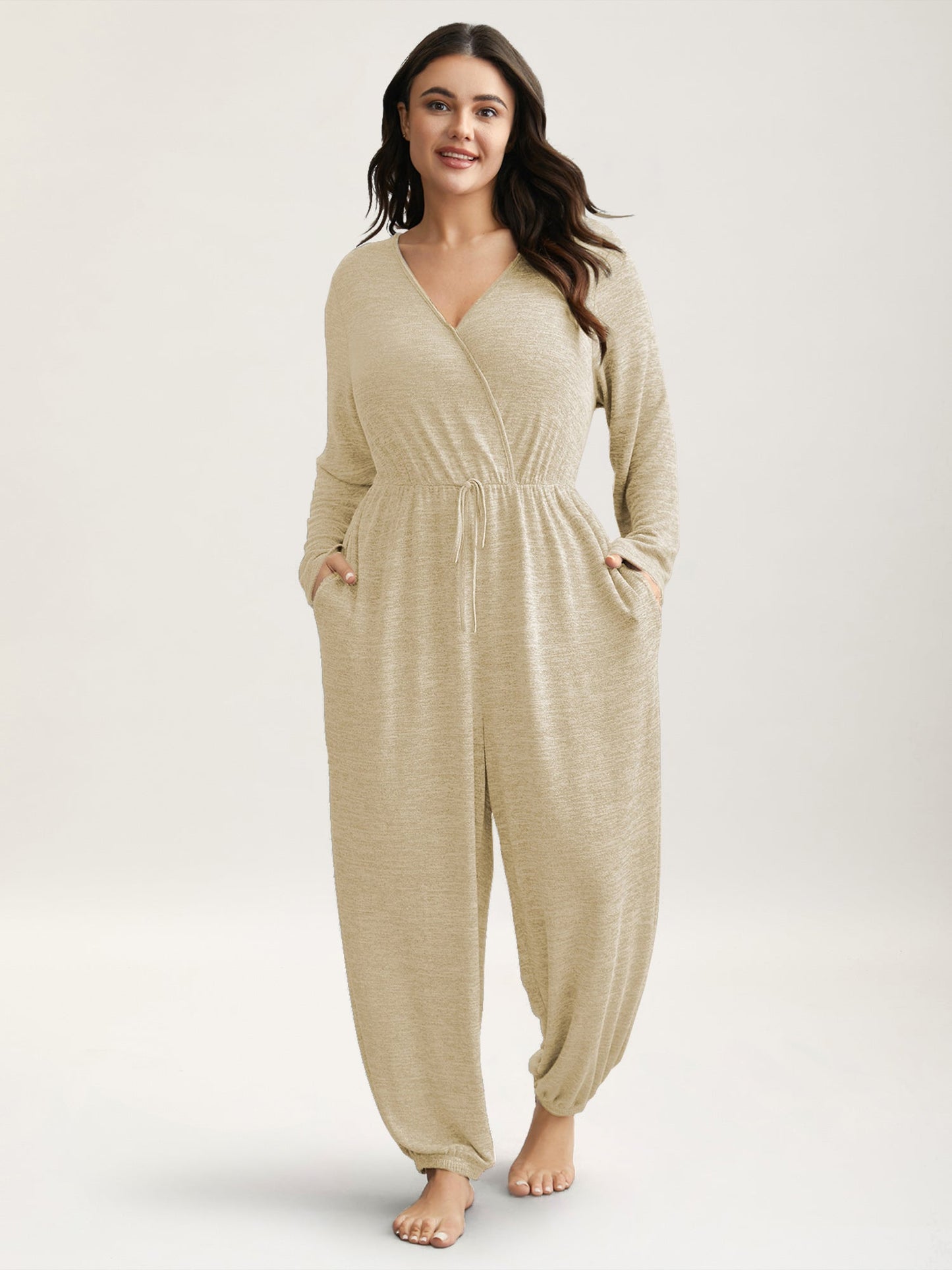 Elastic Waist Overlap Collar Lounge Jumpsuit