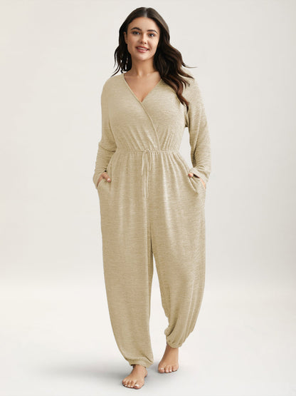 Elastic Waist Overlap Collar Lounge Jumpsuit