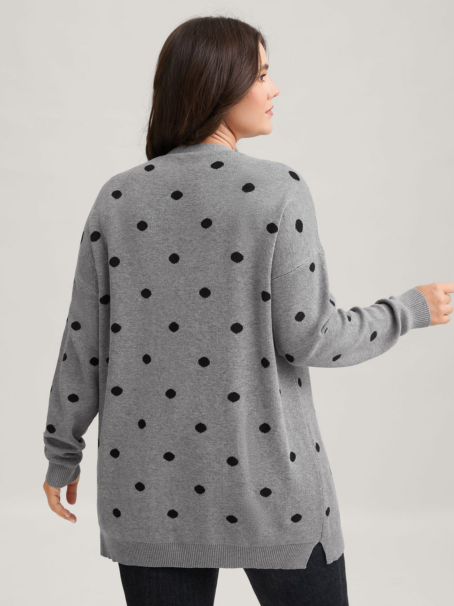 Polka Dot Kimono Collar Patch Pocket Cardigan