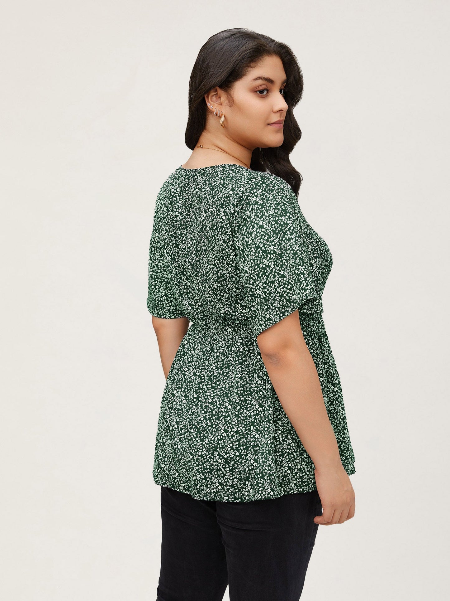 Ditsy Floral Shirred Ruffle Sleeve Elastic Waist Blouse