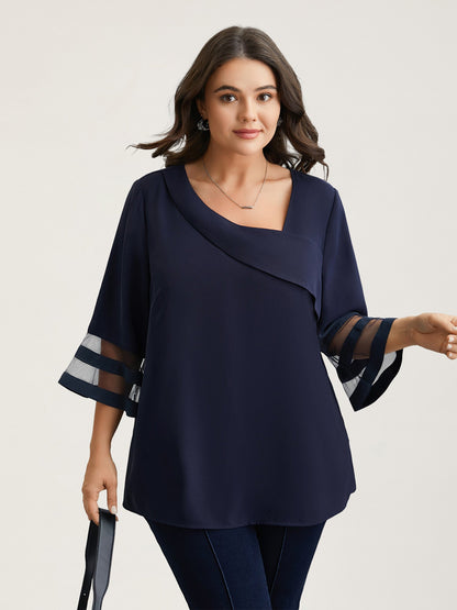 Sheer Sleeve Patchwork Asymmetrical Neckline Blouse