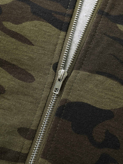 Camouflage Print Stretchy Zipper Hoodie