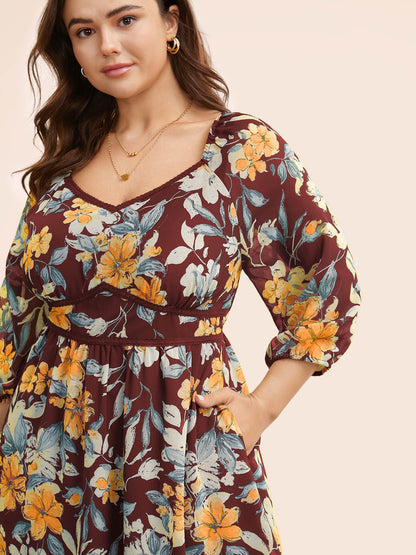 Floral Heart Neckline Woven Ribbon Gathered Dress