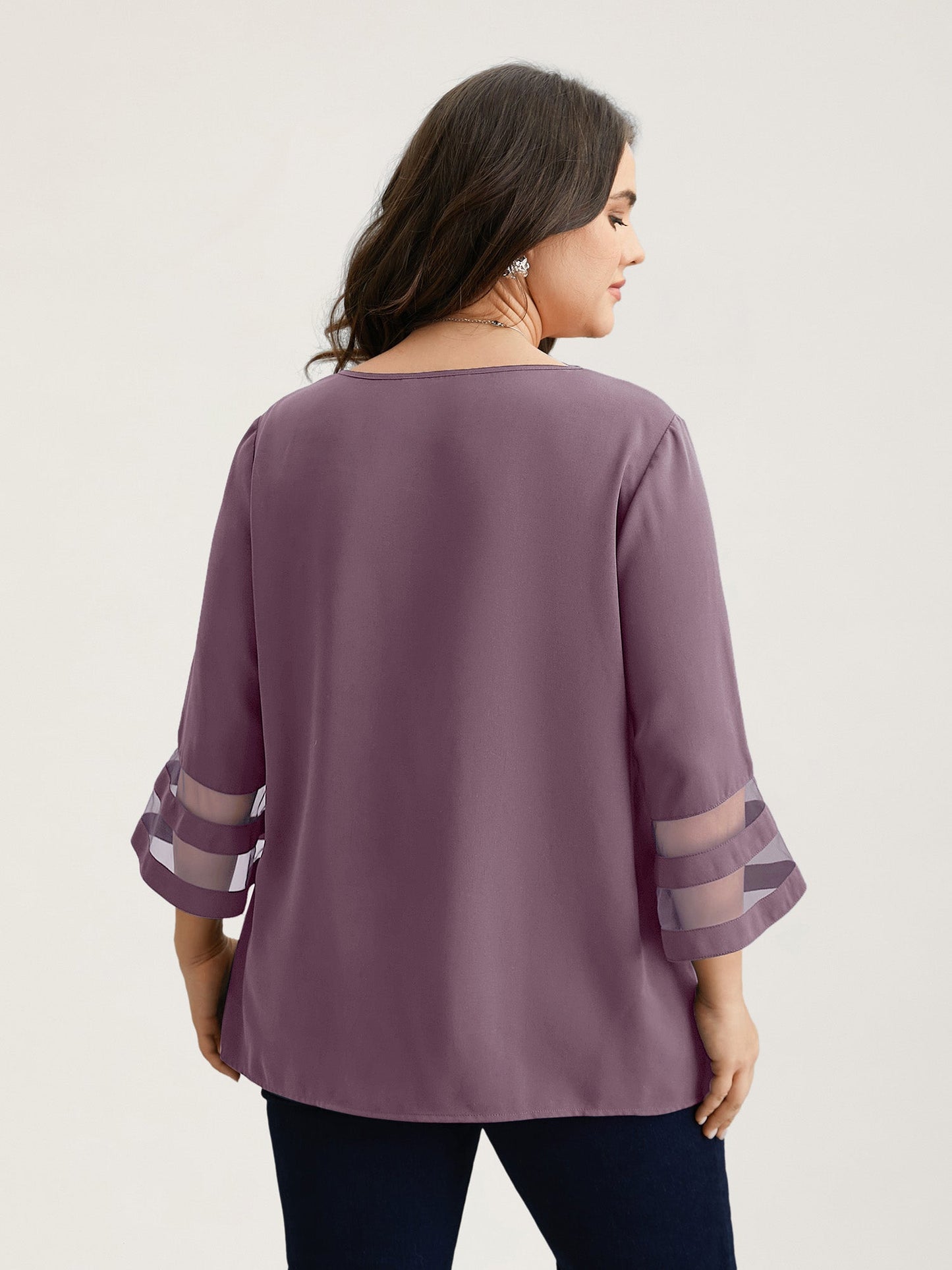 Sheer Sleeve Patchwork Asymmetrical Neckline Blouse